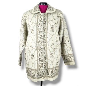 Indutexsa Cardigan Button Front Sweater Padded Shoulders Cream Floral Fits L